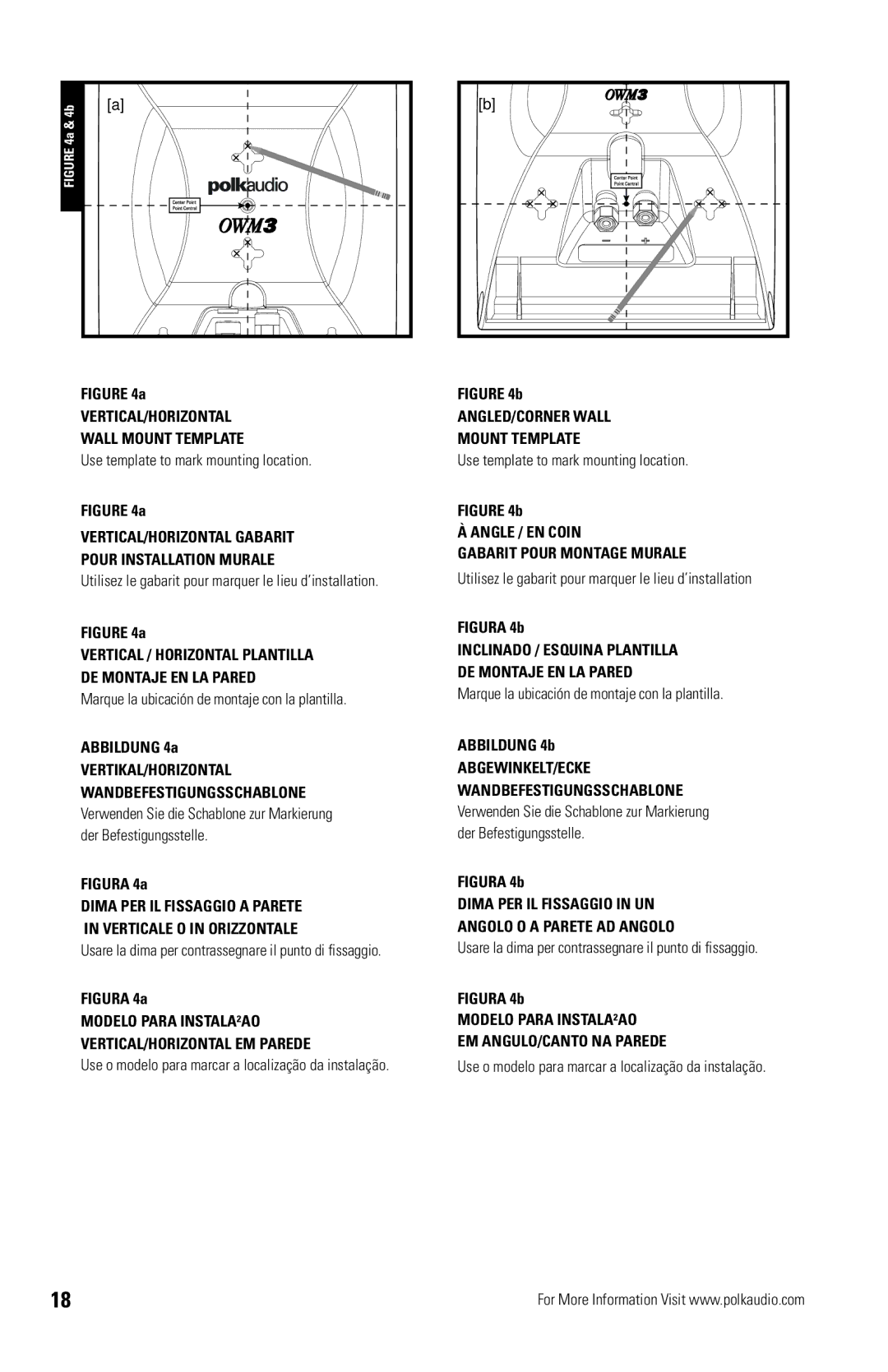 Polk Audio OWM3 owner manual VERTICAL/HORIZONTAL Wall Mount Template, VERTICAL/HORIZONTAL Gabarit Pour Installation Murale 
