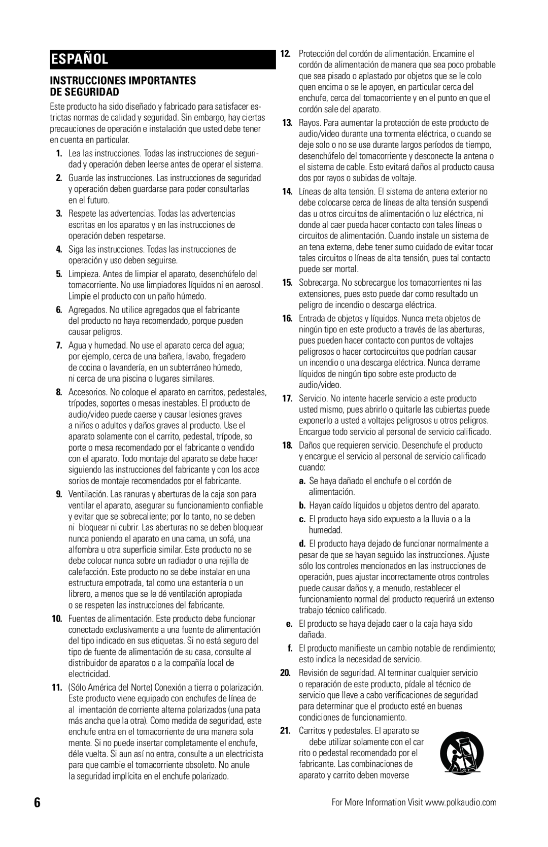 Polk Audio OWM3 owner manual Español, Instrucciones Importantes DE Seguridad 