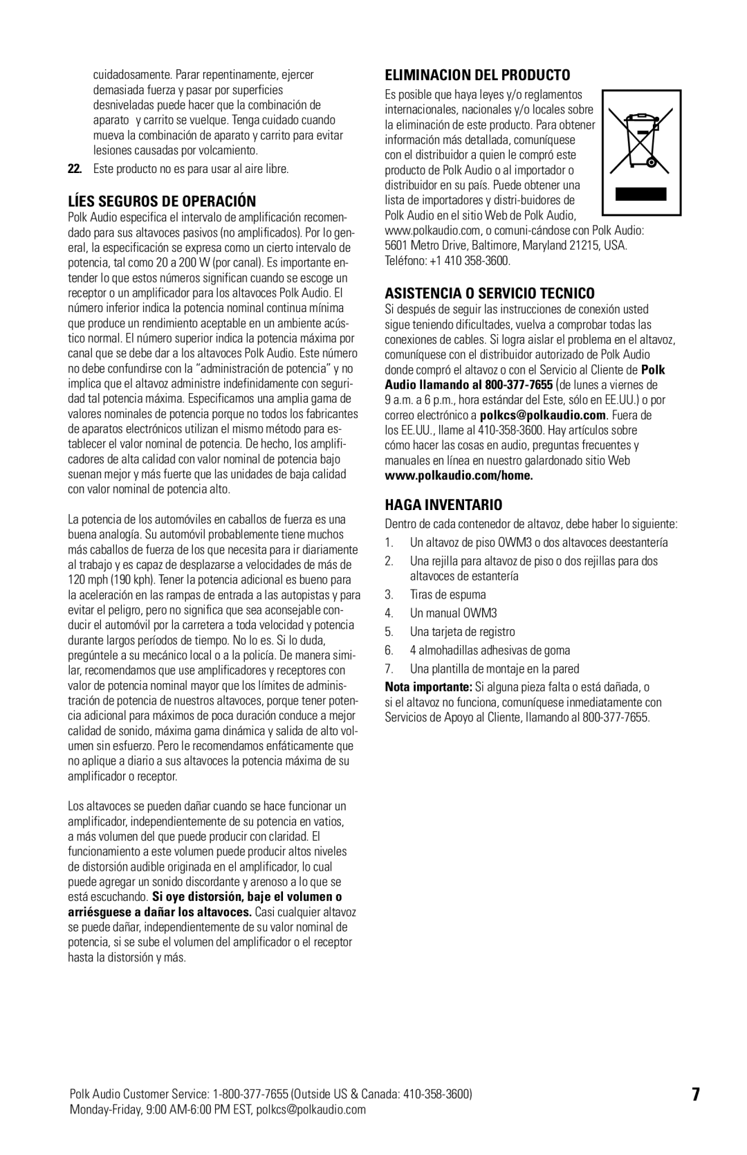 Polk Audio OWM3 Líes Seguros DE Operación, Eliminacion DEL Producto Asistencia O Servicio Tecnico, Haga Inventario 