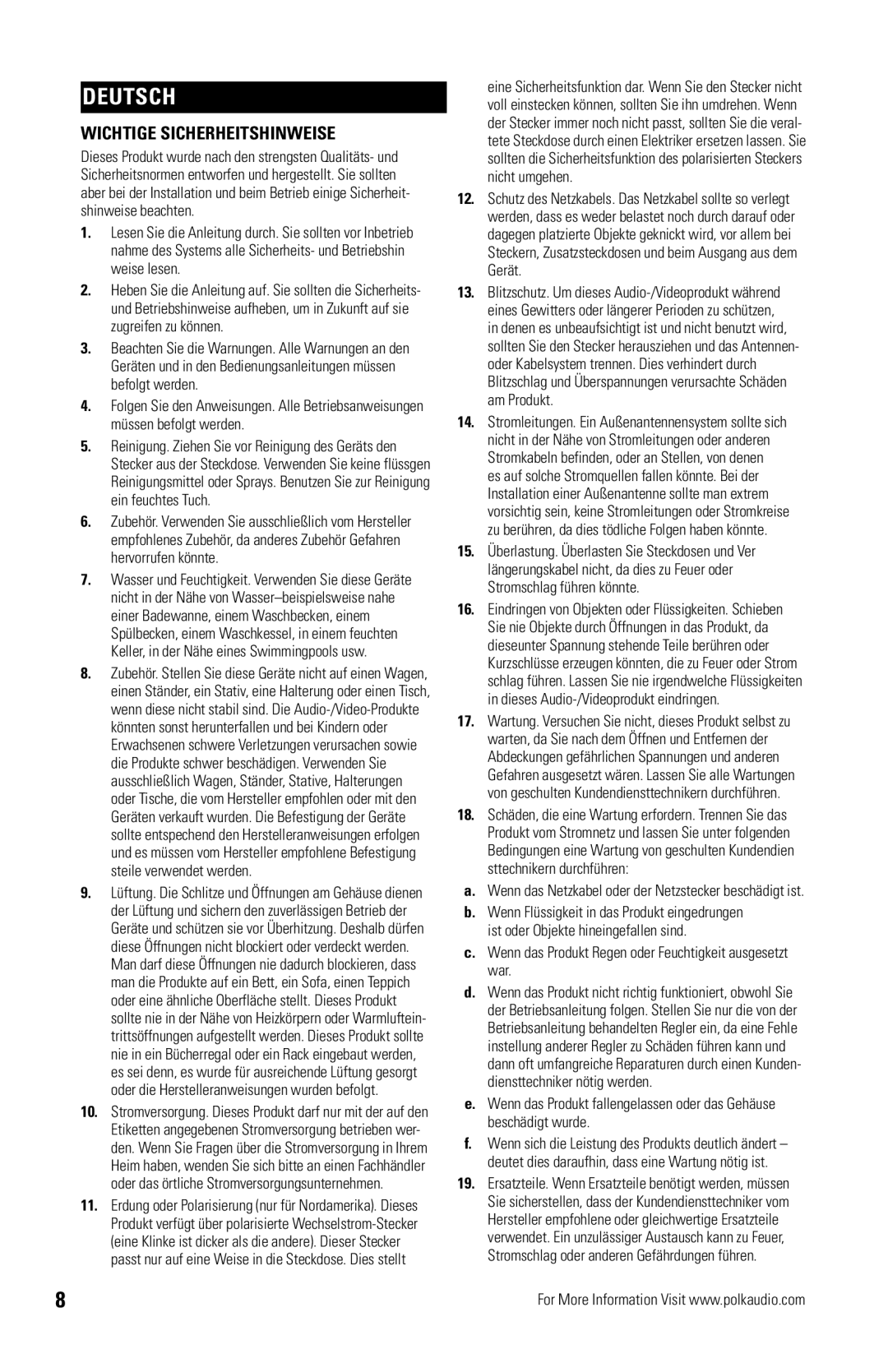 Polk Audio OWM3 owner manual Deutsch, Wichtige Sicherheitshinweise, Wenn das Produkt Regen oder Feuchtigkeit ausgesetzt war 