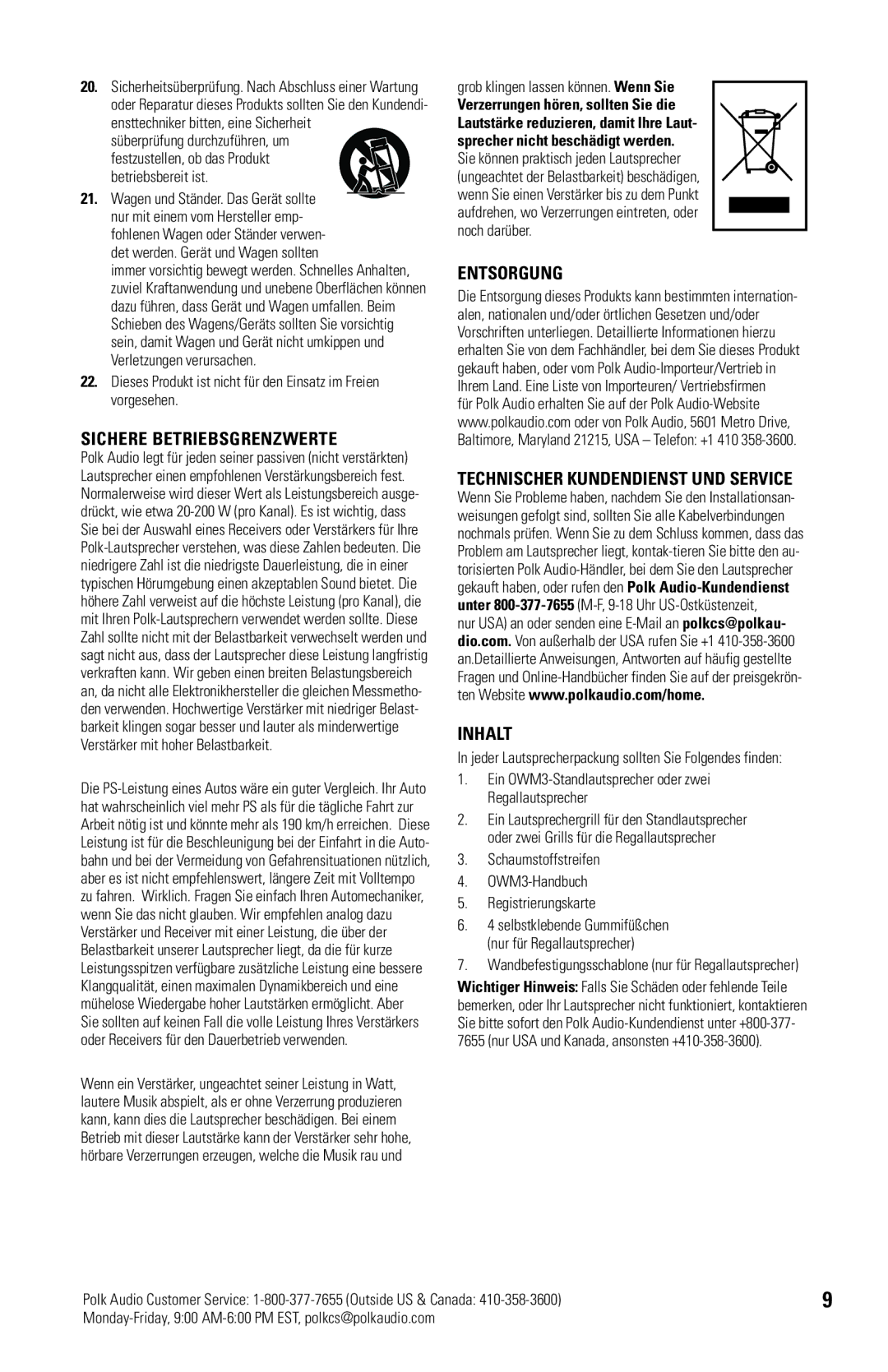 Polk Audio OWM3 owner manual Sichere Betriebsgrenzwerte, Entsorgung, Technischer Kundendienst UND Service, Inhalt 