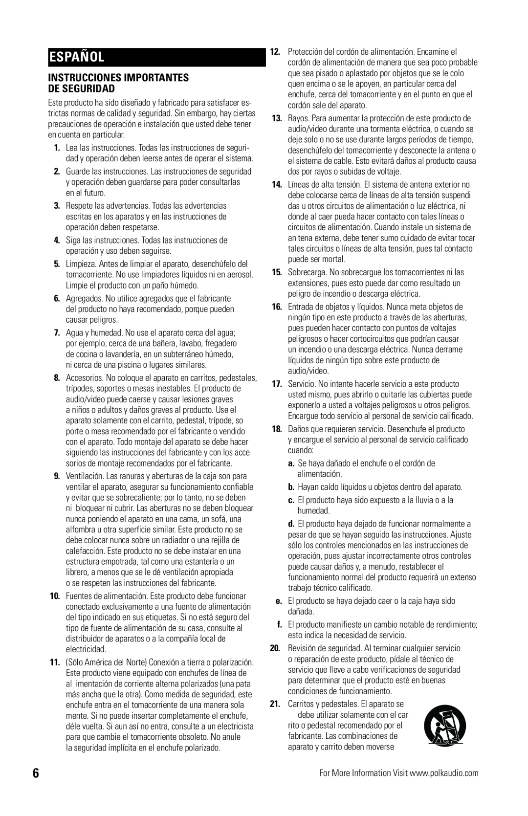 Polk Audio OWM3 owner manual Español, Instrucciones Importantes De Seguridad 