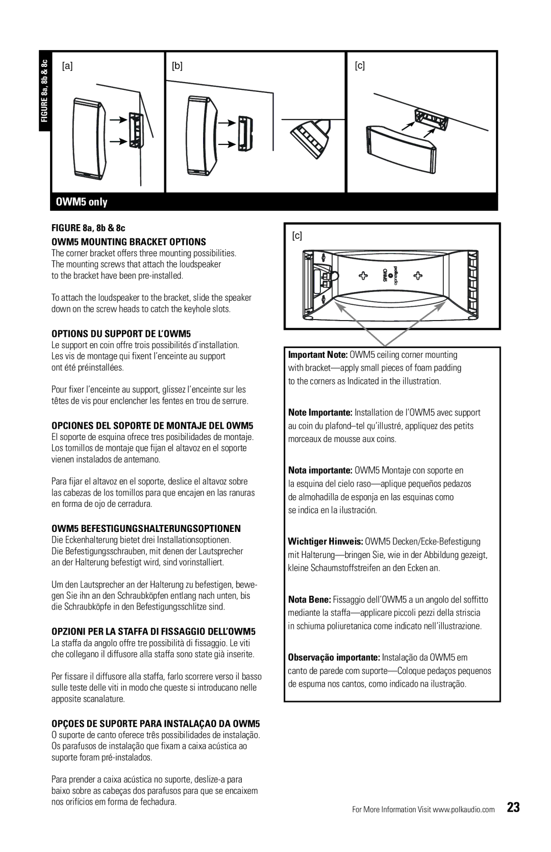 Polk Audio OWM3 OWM5 Mounting Bracket Options, To the bracket have been pre-installed, Options DU Support DE L’OWM5 