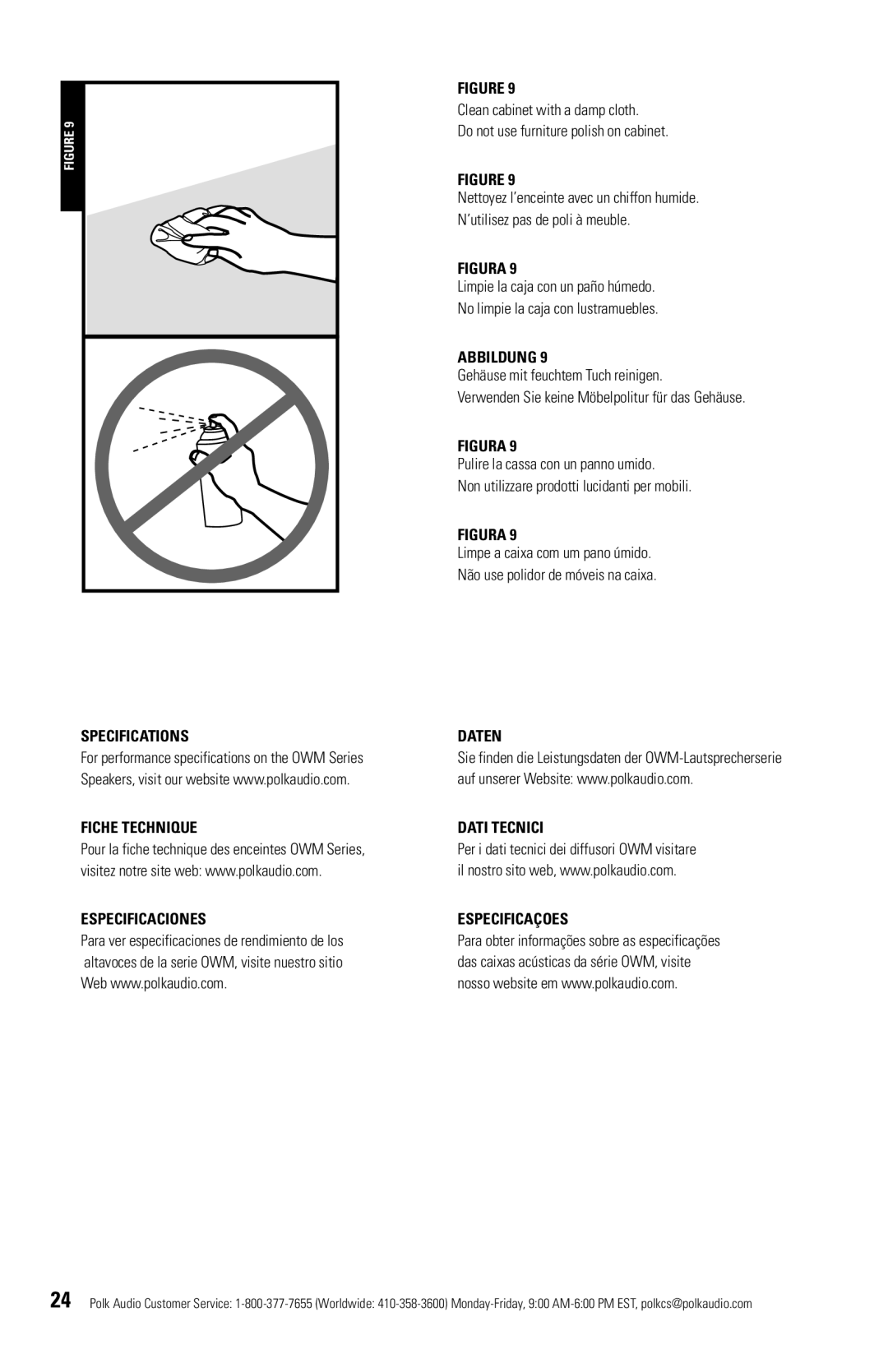 Polk Audio OWM5, OWM3 Specifications Fiche Technique Especificaciones, Abbildung, Daten Dati Tecnici Especificaçoes 