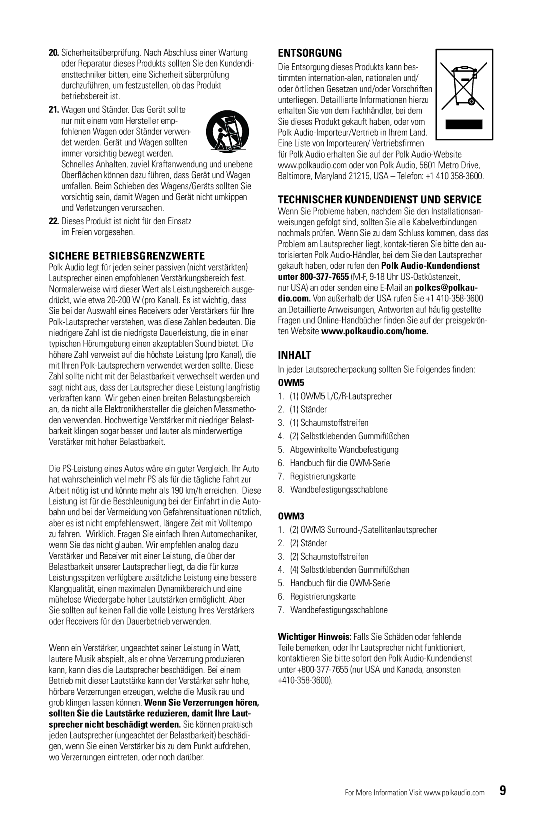 Polk Audio OWM3, OWM5 owner manual Sichere Betriebsgrenzwerte, Entsorgung, Technischer Kundendienst UND Service, Inhalt 