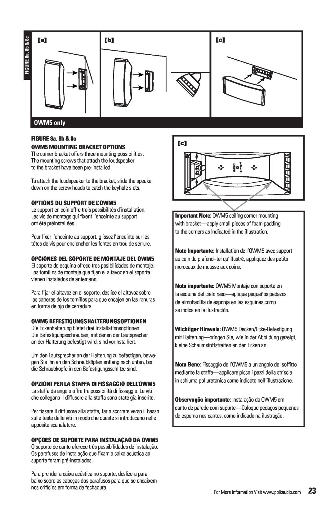 Polk Audio OWM3 owner manual OWM5 only, a, 8b & 8c OWM5 MOUNTING BRACKET OPTIONS, OPTIONS DU SUPPORT DE L’OWM5 