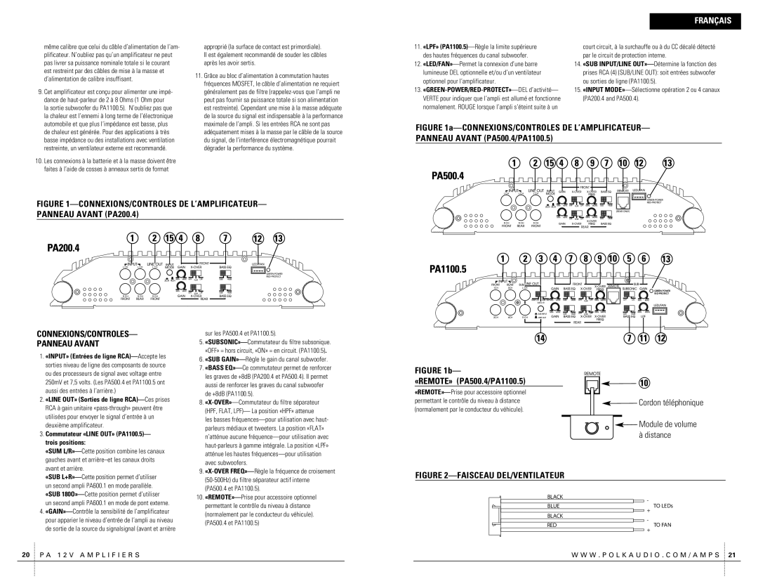 Polk Audio PA200.4 owner manual «REMOTE» PA500.4/PA1100.5, Cordon téléphonique, Trois positions 