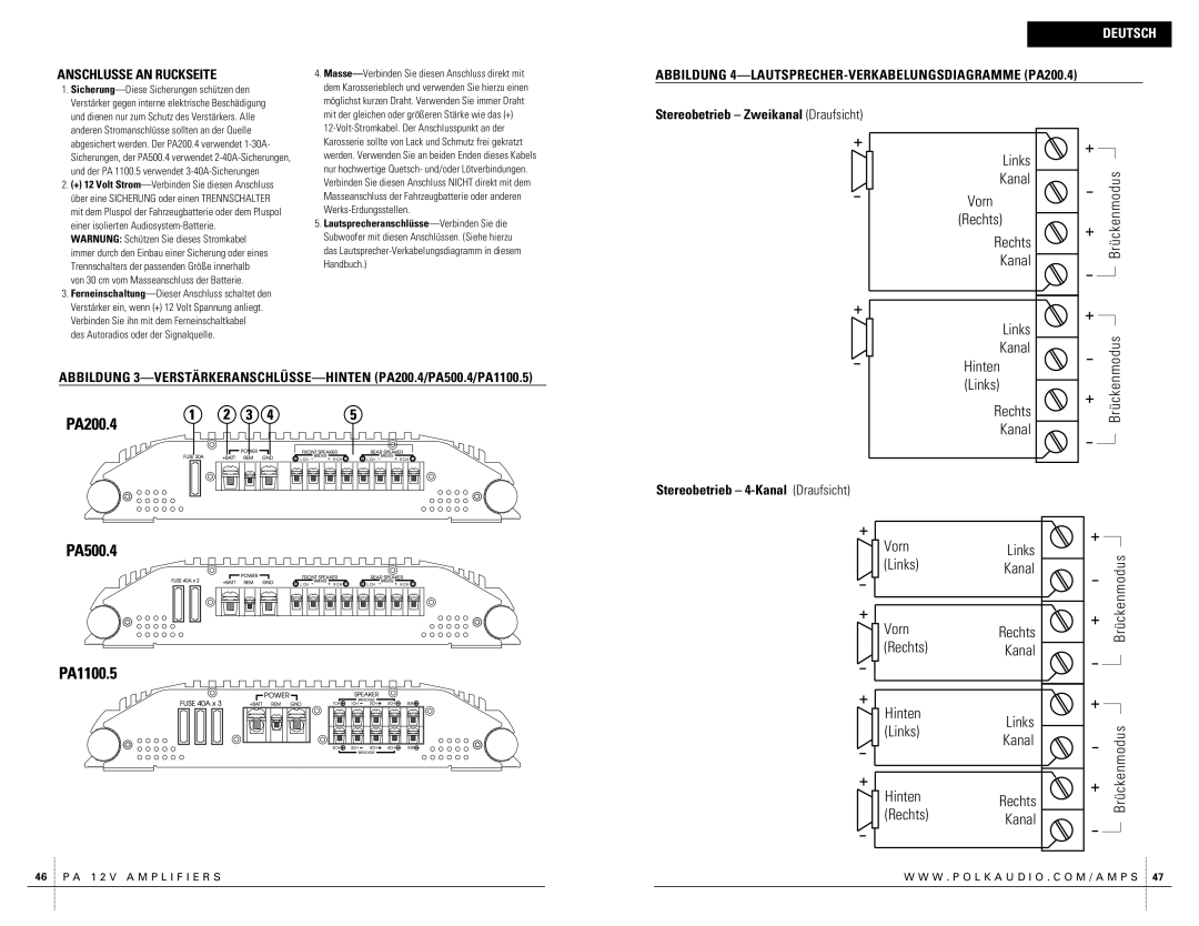 Polk Audio Links, Vorn, Hinten, Anschlusse AN Ruckseite, Abbildung 4-LAUTSPRECHER-VERKABELUNGSDIAGRAMME PA200.4 