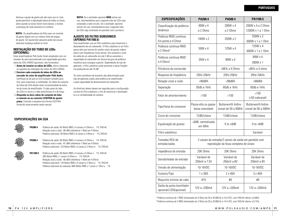 Polk Audio PA200.4 owner manual Instalação do Tubo DE LEDs Opcional, Especificações DA CEA 