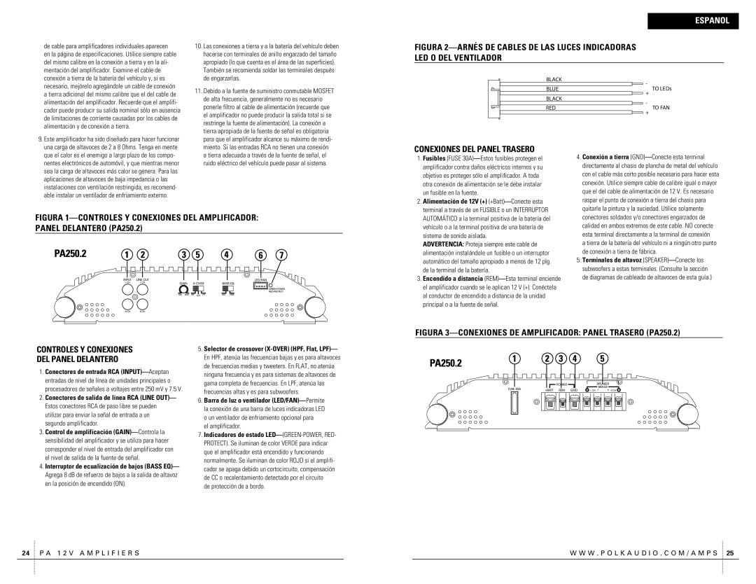 Polk Audio PA250.2 owner manual Conexiones DEL Panel Trasero 