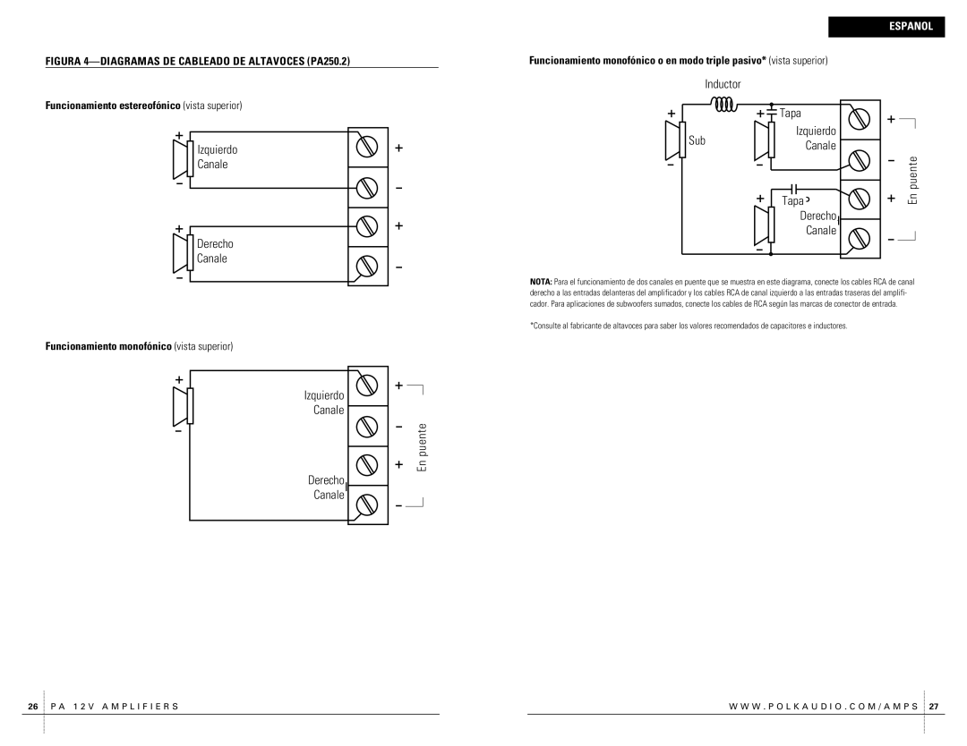 Polk Audio PA250.2 owner manual Funcionamiento estereofónico vista superior, Funcionamiento monofónico vista superior, Enr 