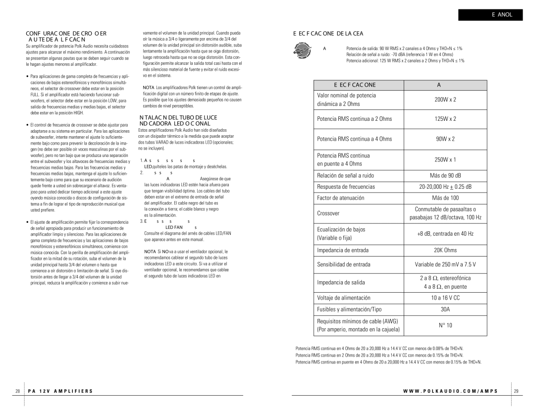 Polk Audio PA250.2 owner manual Especificaciones DE LA CEA 