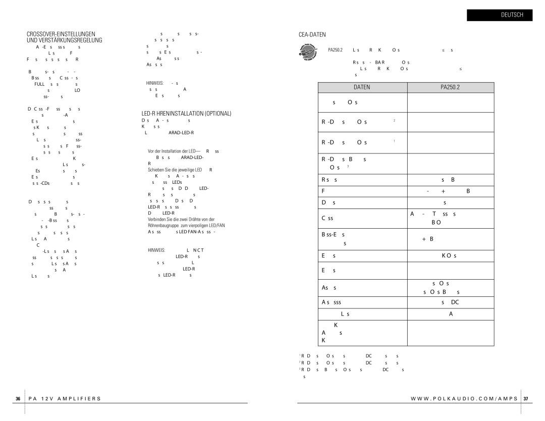 Polk Audio PA250.2 owner manual LED-RÖHRENINSTALLATION Optional, Cea-Daten 
