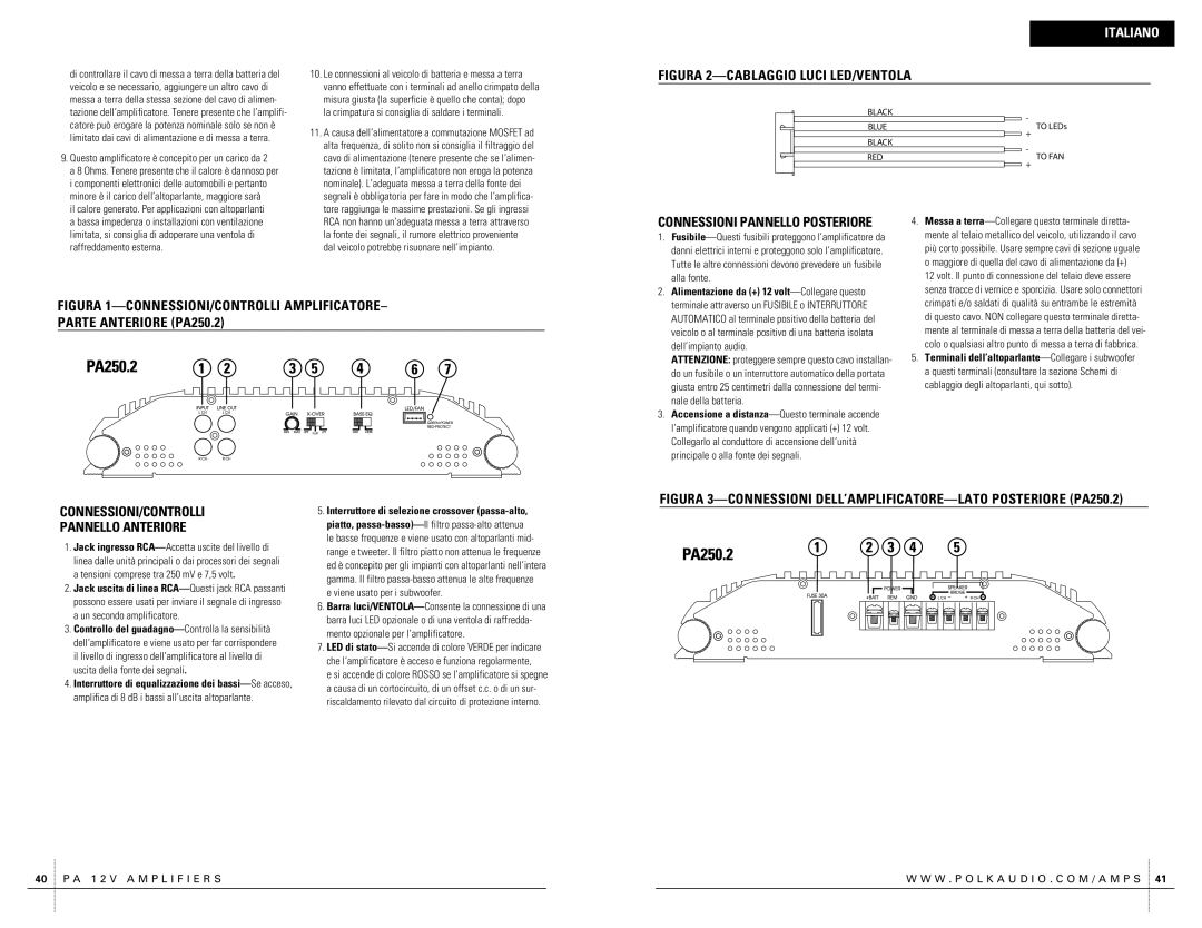 Polk Audio PA250.2 owner manual Connessioni Pannello Posteriore 