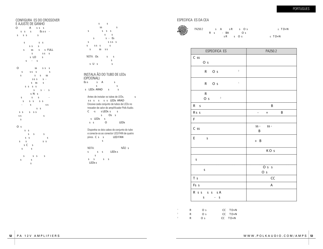 Polk Audio PA250.2 owner manual Instalação do Tubo DE LEDs Opcional, Especificações DA CEA 