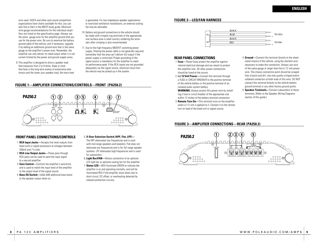 Polk Audio PA250.2 owner manual Rear Panel Connections 