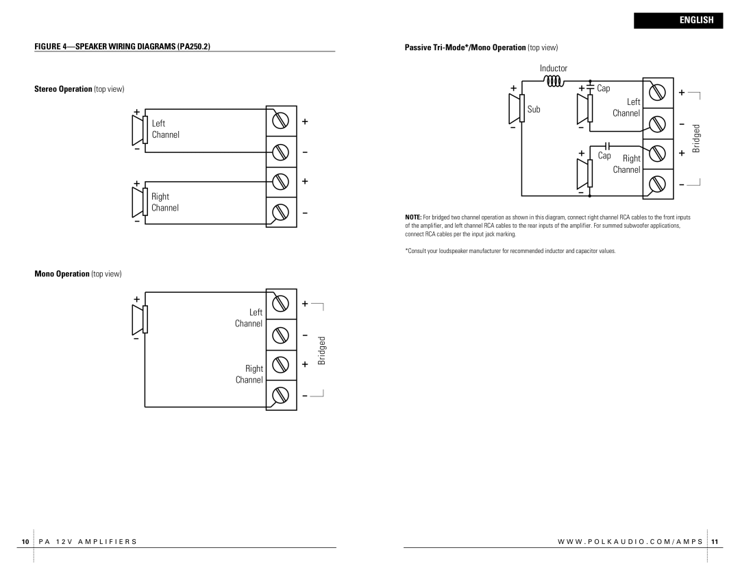 Polk Audio PA250.2 owner manual Stereo Operation top view, Passive Tri-Mode*/Mono Operation top view 