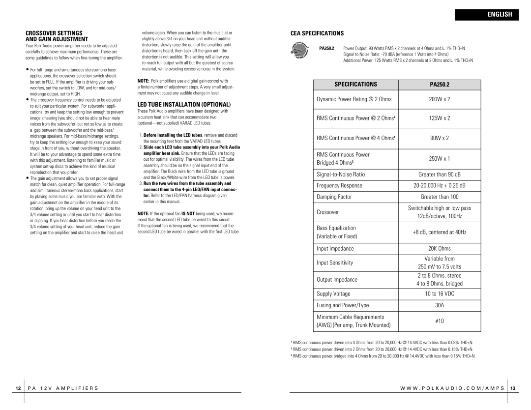 Polk Audio PA250.2 owner manual Crossover Settings Gain Adjustment, LED Tube Installation Optional, CEA Specifications 