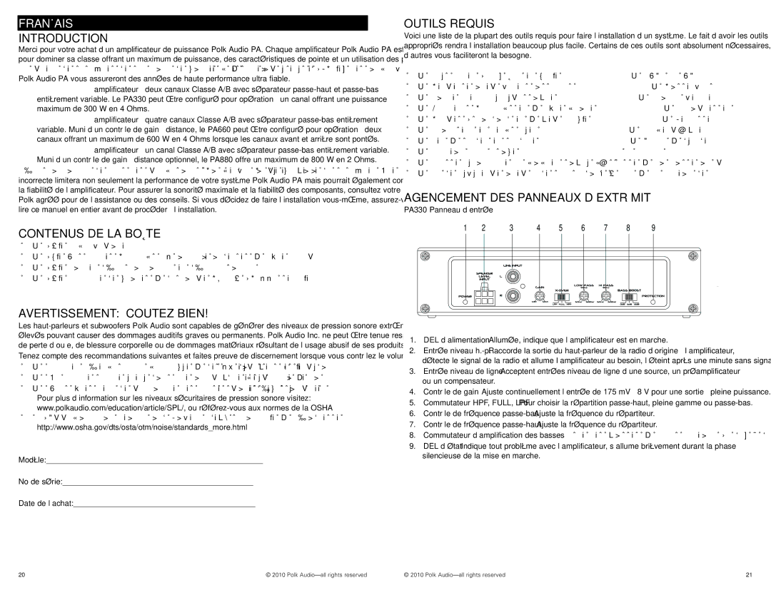 Polk Audio PA660 Contenus DE LA Boîte, Avertissement Écoutez Bien, Outils Requis, Agencement DES Panneaux D’EXTRÉMITÉ 