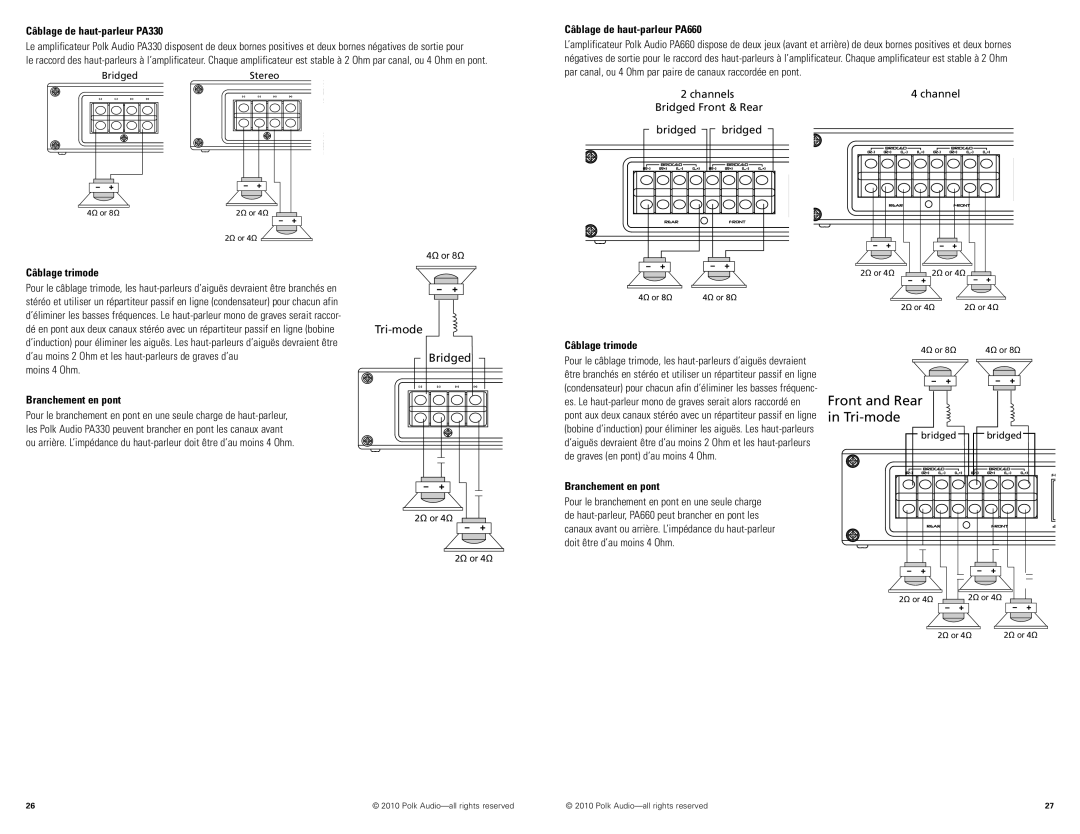 Polk Audio PA880 manual Câblage de haut-parleur PA330, Câblage de haut-parleur PA660, Câblage trimode, Moins 4 Ohm 