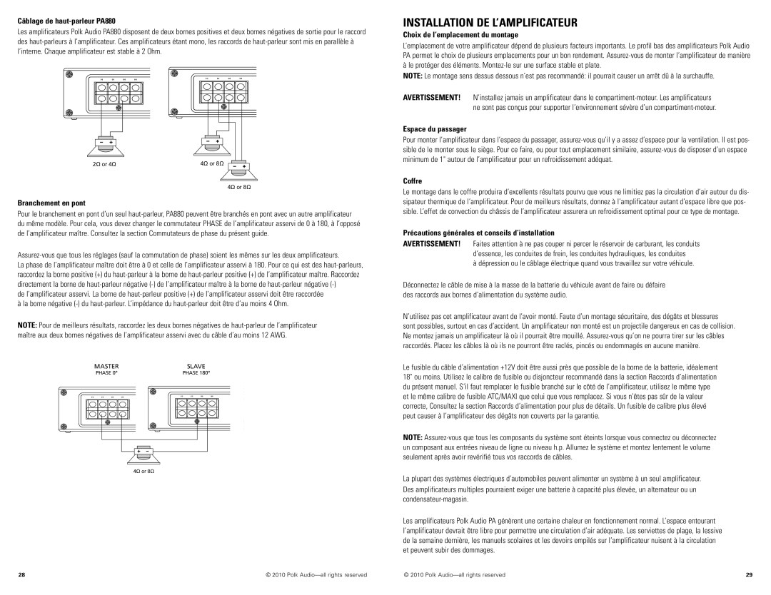 Polk Audio PA330, PA880, PA660 manual Installation DE L’AMPLIFICATEUR 