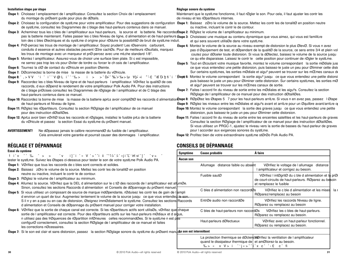 Polk Audio PA880, PA330, PA660 manual Réglage ET Dépannage, Conseils DE Dépannage 