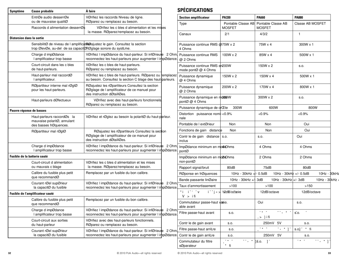 Polk Audio PA660, PA330, PA880 manual Spécifications 