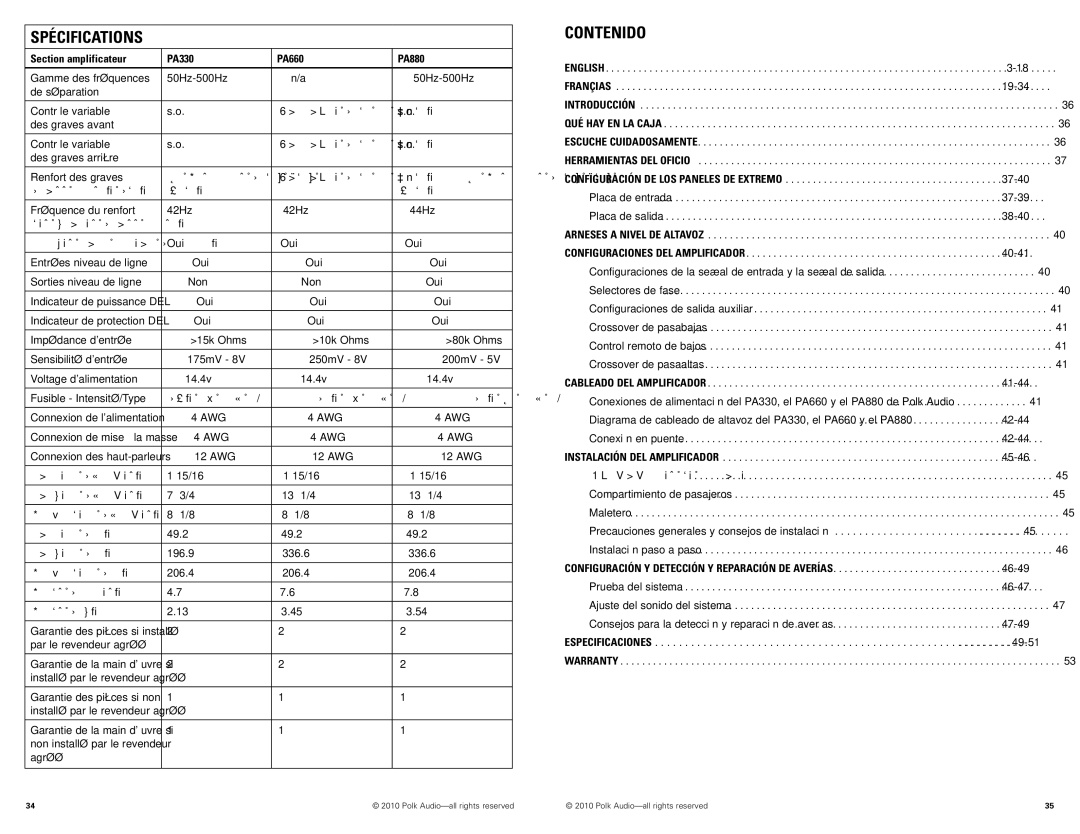 Polk Audio PA330, PA880, PA660 manual Contenido 