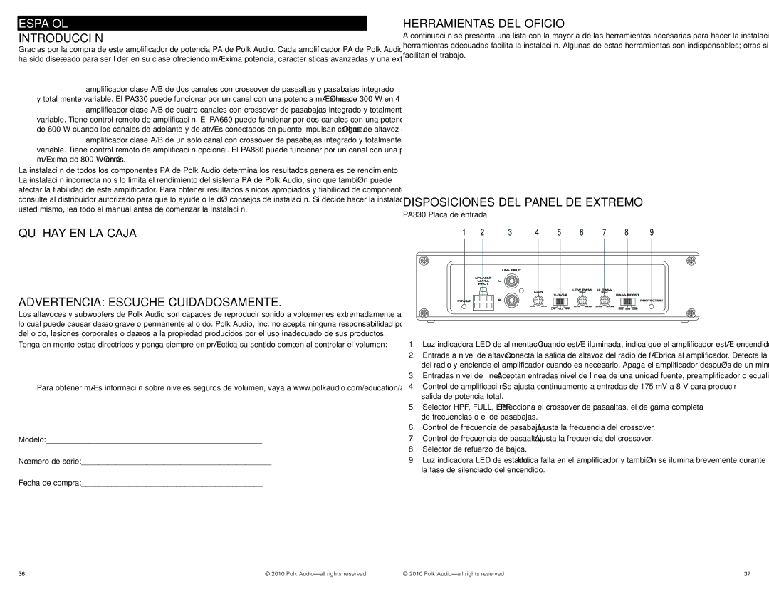 Polk Audio PA880, PA330 manual Introducción, QUÉ HAY EN LA Caja, Advertencia Escuche Cuidadosamente, Herramientas DEL Oficio 