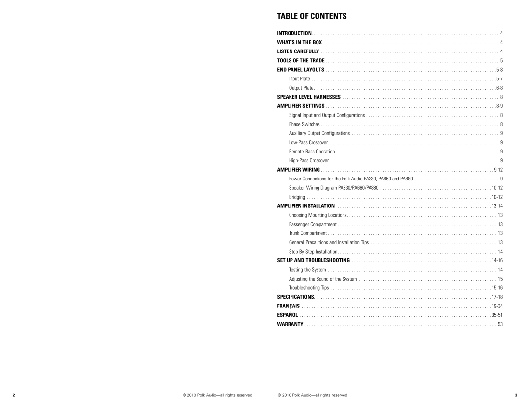 Polk Audio PA660, PA330, PA880 manual Table of Contents 