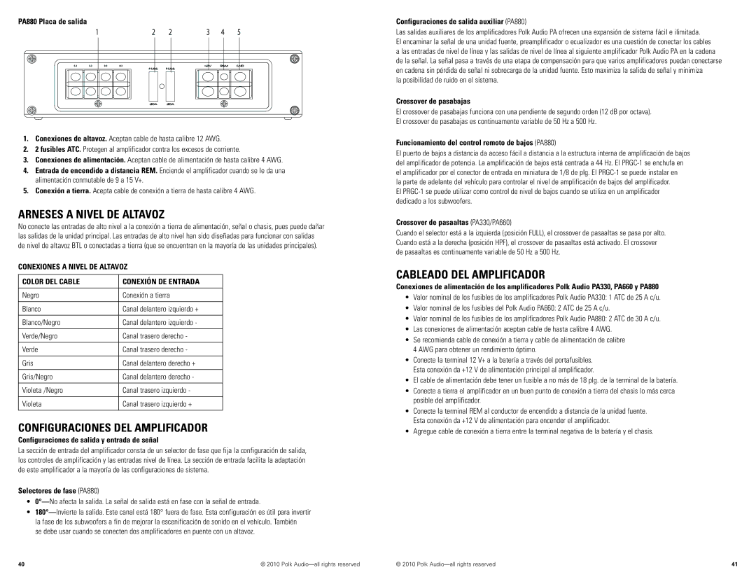 Polk Audio PA330, PA880, PA660 manual Arneses a Nivel DE Altavoz, Configuraciones DEL Amplificador, Cableado DEL Amplificador 