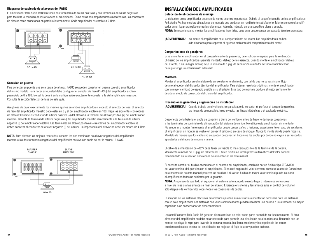 Polk Audio PA660, PA330, PA880 manual Instalación DEL Amplificador 