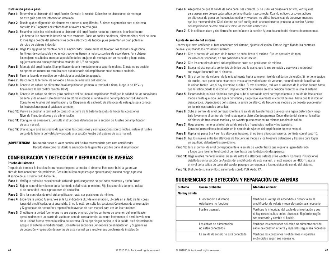 Polk Audio PA330 manual Configuración Y Detección Y Reparación DE Averías, Sugerencias DE Detección Y Reparación DE Averías 