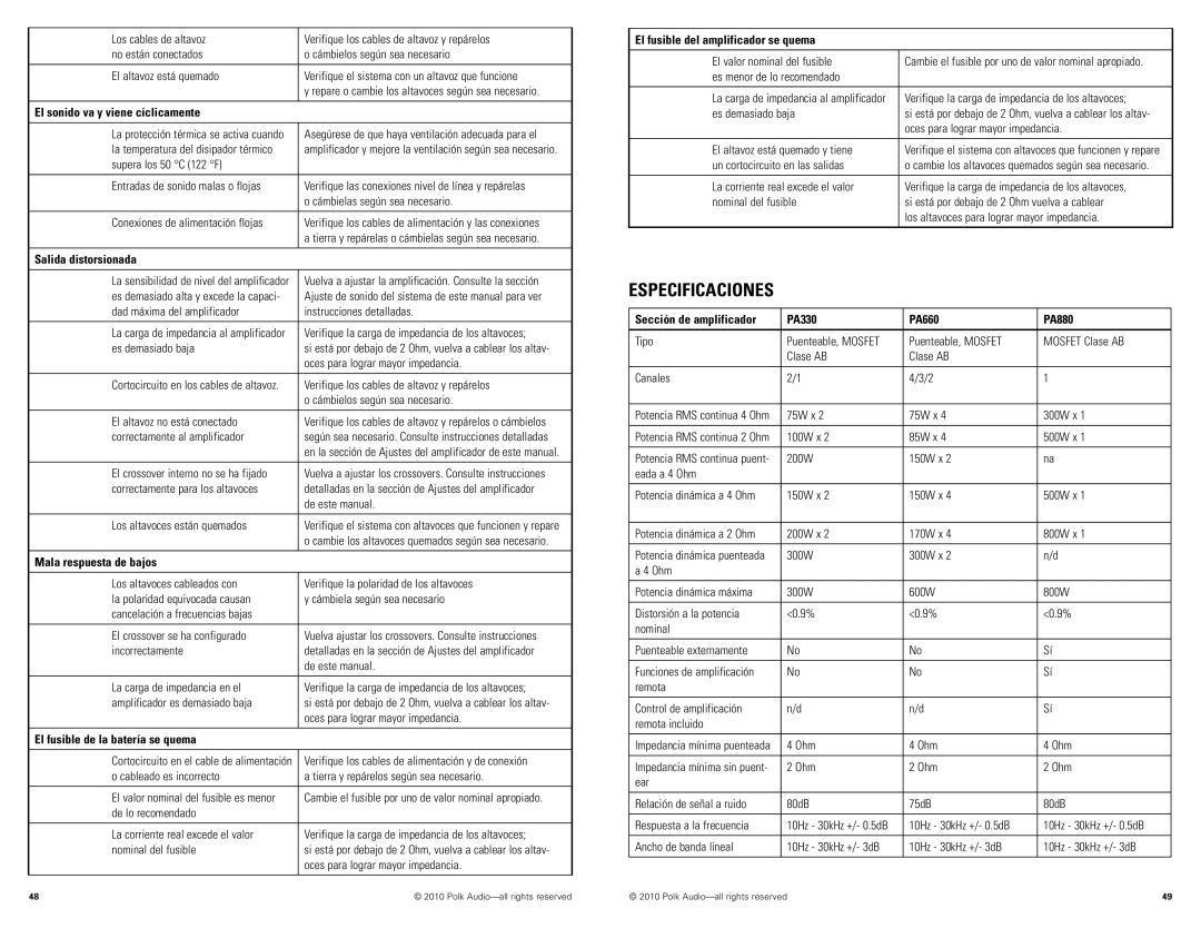 Polk Audio PA880, PA330, PA660 manual Especificaciones 