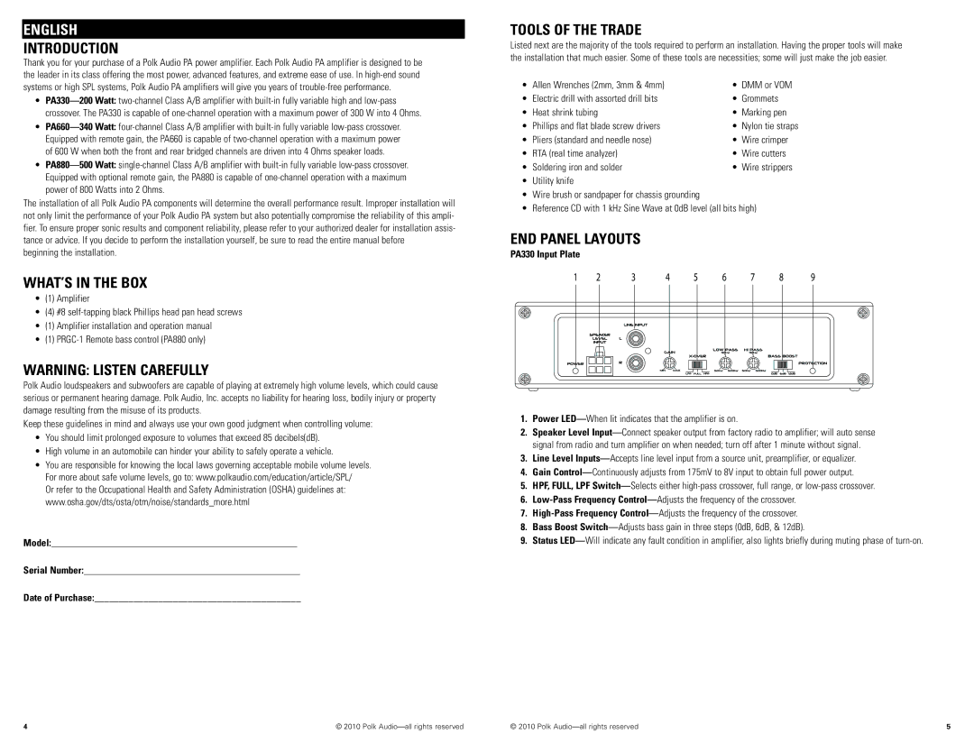 Polk Audio PA880, PA660 manual Introduction, WHAT’S in the BOX, Tools of the Trade, END Panel Layouts, PA330 Input Plate 