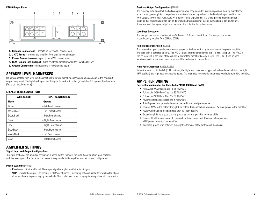 Polk Audio PA660, PA330, PA880 manual Speaker Level Harnesses, Amplifier Settings, Amplifier Wiring 