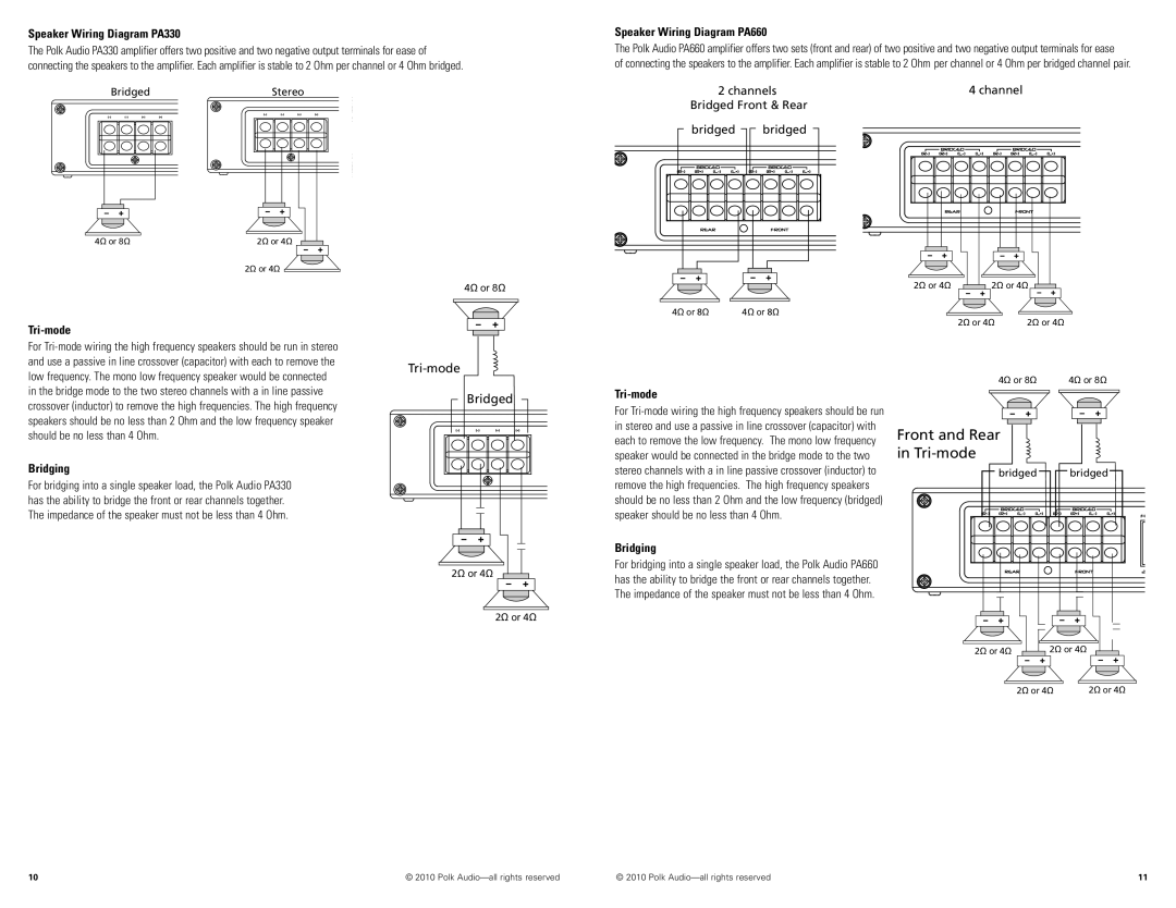 Polk Audio PA880 manual Speaker Wiring Diagram PA330, Speaker Wiring Diagram PA660, Tri-mode, Bridging 