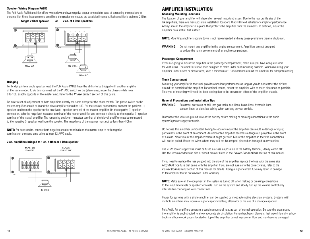 Polk Audio PA880, PA330, PA660 manual Amplifier Installation 