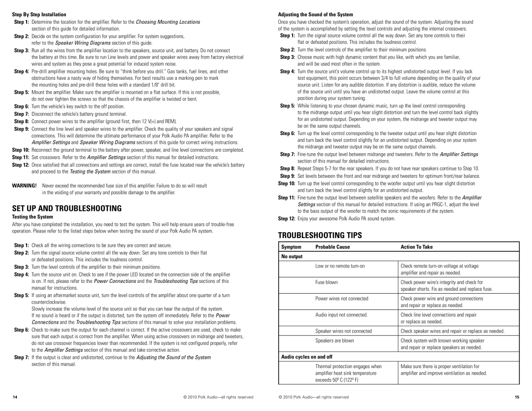 Polk Audio PA660, PA330, PA880 manual SET UP and Troubleshooting, Troubleshooting Tips 