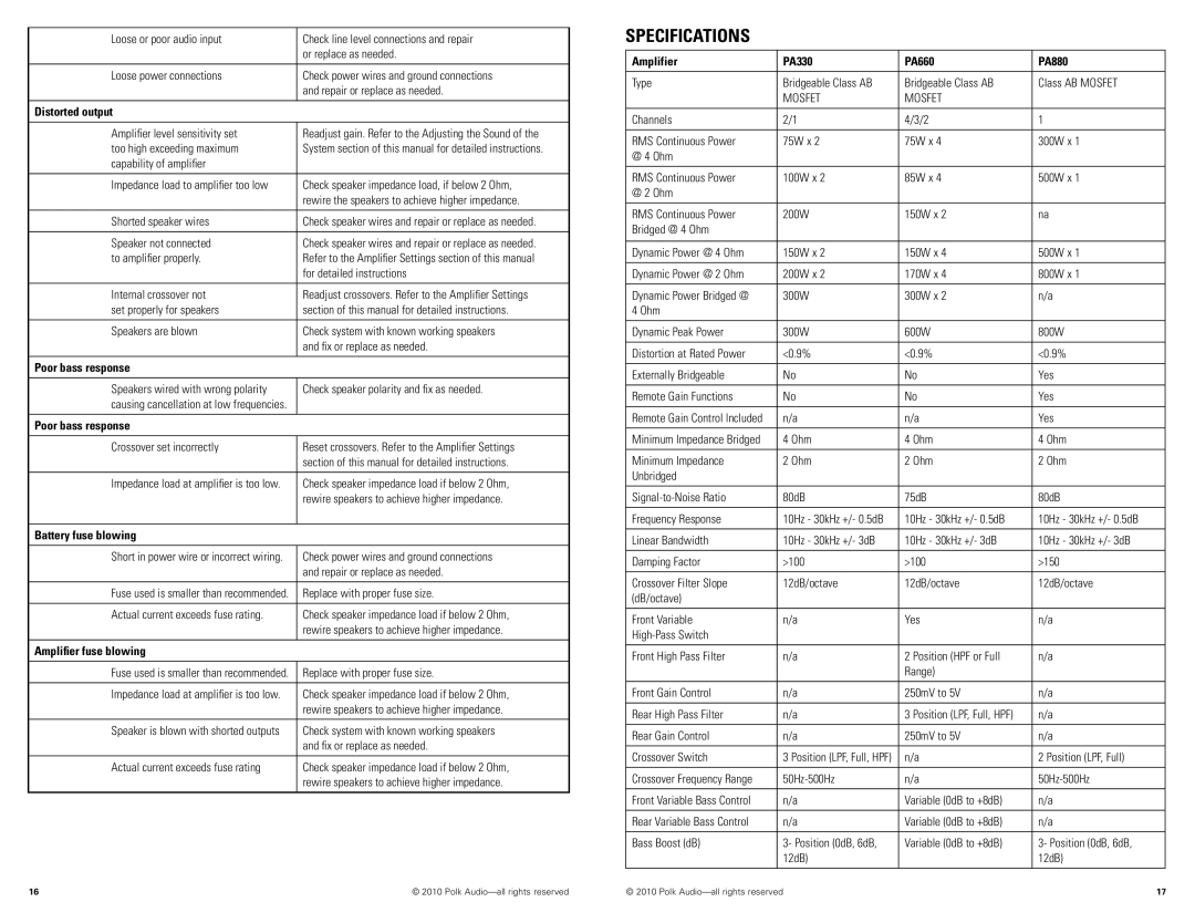 Polk Audio PA330, PA880, PA660 manual Specifications 