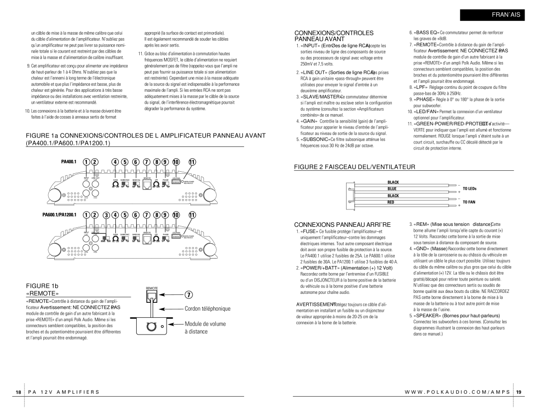 Polk Audio PA400.1 owner manual CONNEXIONS/CONTROLES Panneau Avant, CONNEXIONS-PANNEAU Arrière 