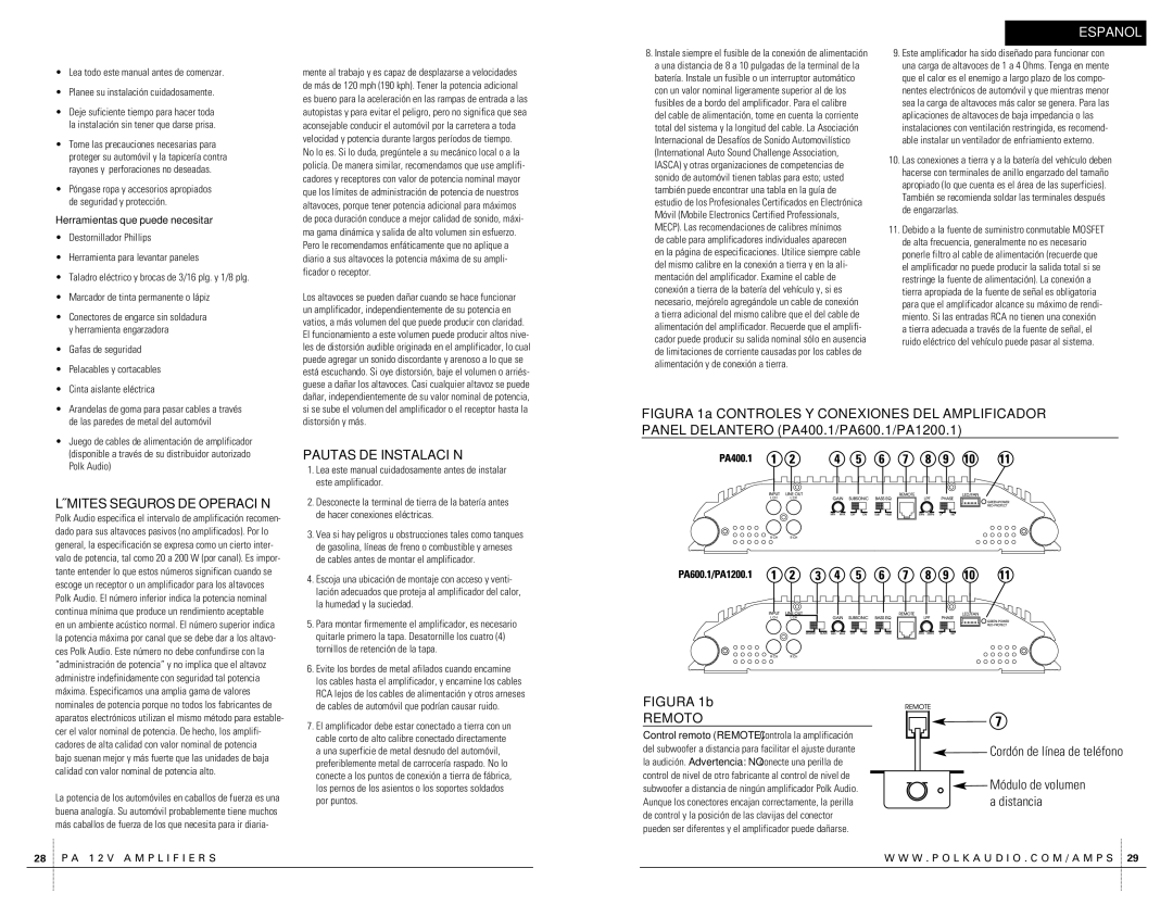 Polk Audio PA400.1 owner manual Límites Seguros DE Operación, Pautas DE Instalación, Remoto, Cordón de línea de teléfono 