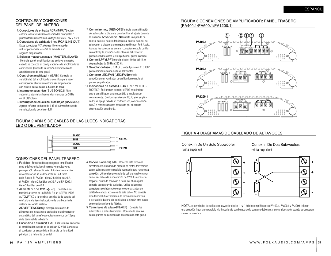 Polk Audio PA400.1 Controles Y Conexiones DEL Panel Delantero, Conexiones DEL Panel Trasero, Conexión De Un Solo Subwoofer 