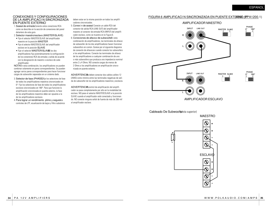 Polk Audio PA400.1 owner manual Amplificador Maestro Amplificador Esclavo, Maestro S T E R Esclavo AV E 