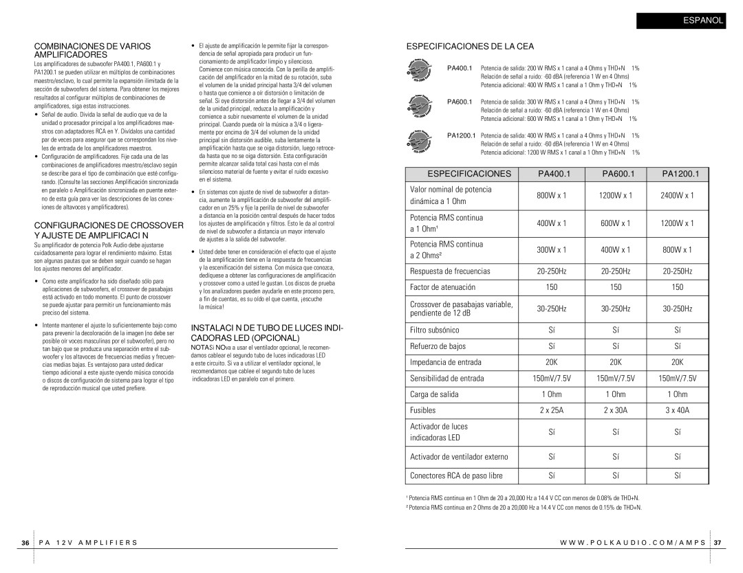 Polk Audio PA400.1 Combinaciones DE Varios Amplificadores, Instalación DE Tubo DE Luces INDI- Cadoras LED Opcional 