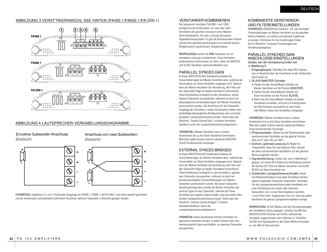 Polk Audio PA400.1 owner manual Abbildung 4-LAUTSPRECHER-VERKABELUNGSDIAGRAMME, Draufsicht, Verstarker Kombinieren 