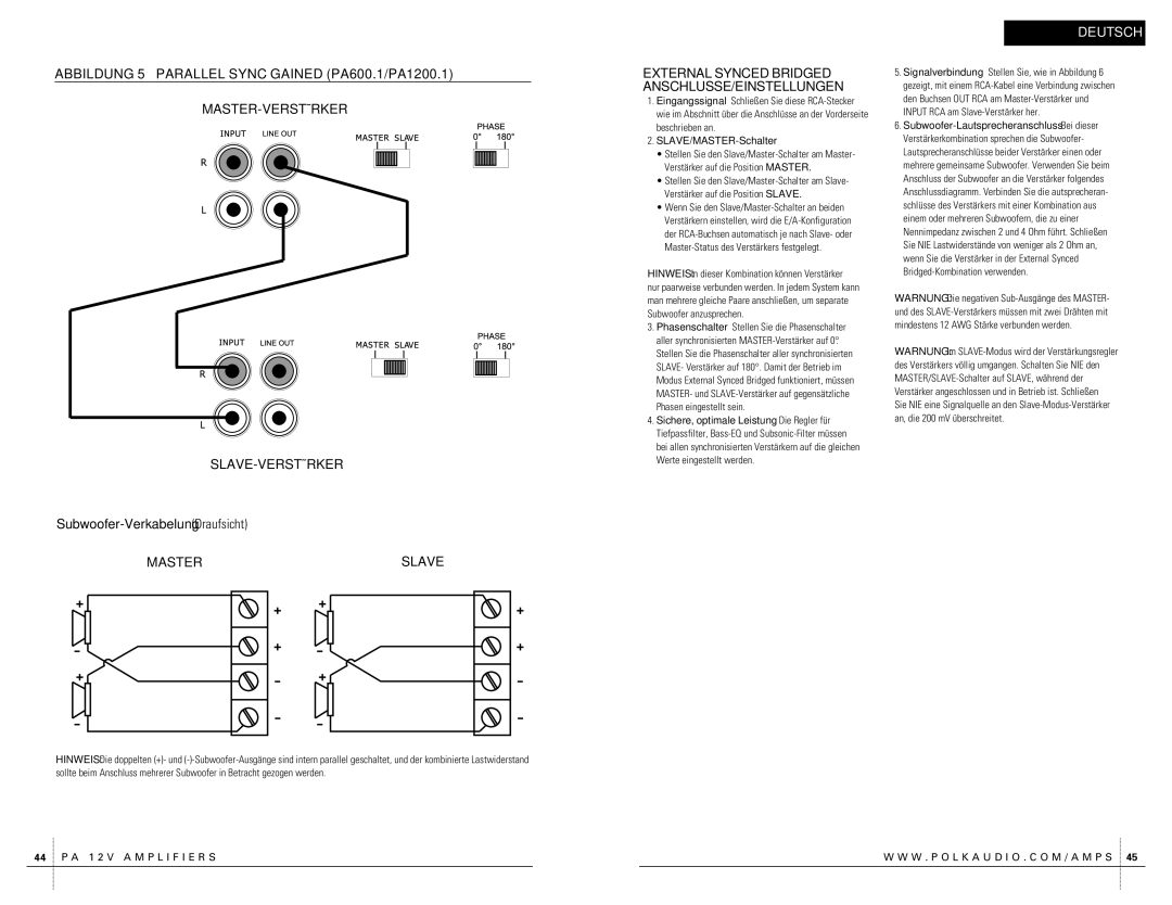 Polk Audio PA400.1 Subwoofer-Verkabelung Draufsicht, Master Slave, External Synced Bridged ANSCHLUSSE/EINSTELLUNGEN 