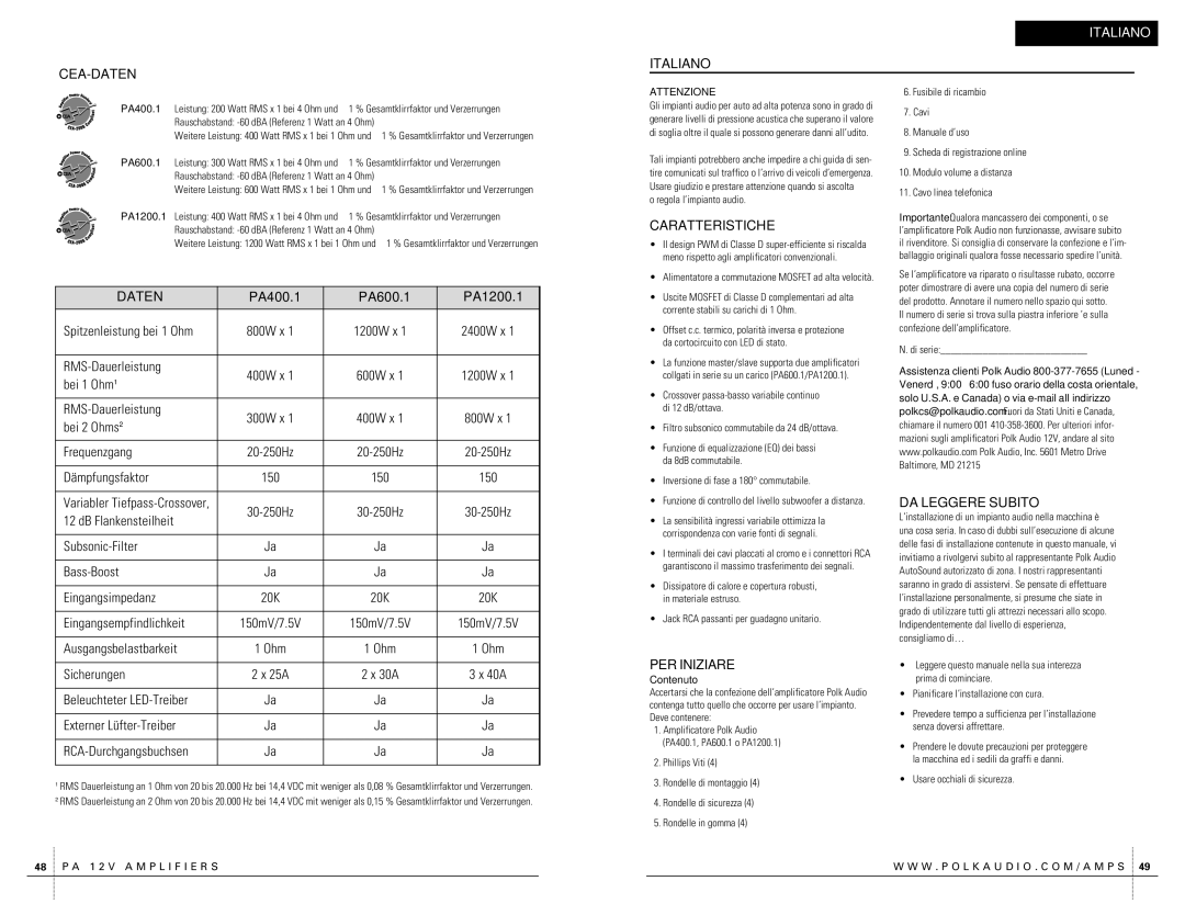 Polk Audio PA400.1 owner manual Cea-Daten, Caratteristiche, DA Leggere Subito, PER Iniziare 