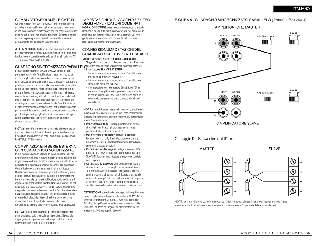 Polk Audio PA400.1 owner manual Combinazione DI Amplificatori, Cablaggio Dei Subwoofer vista dall’alto 