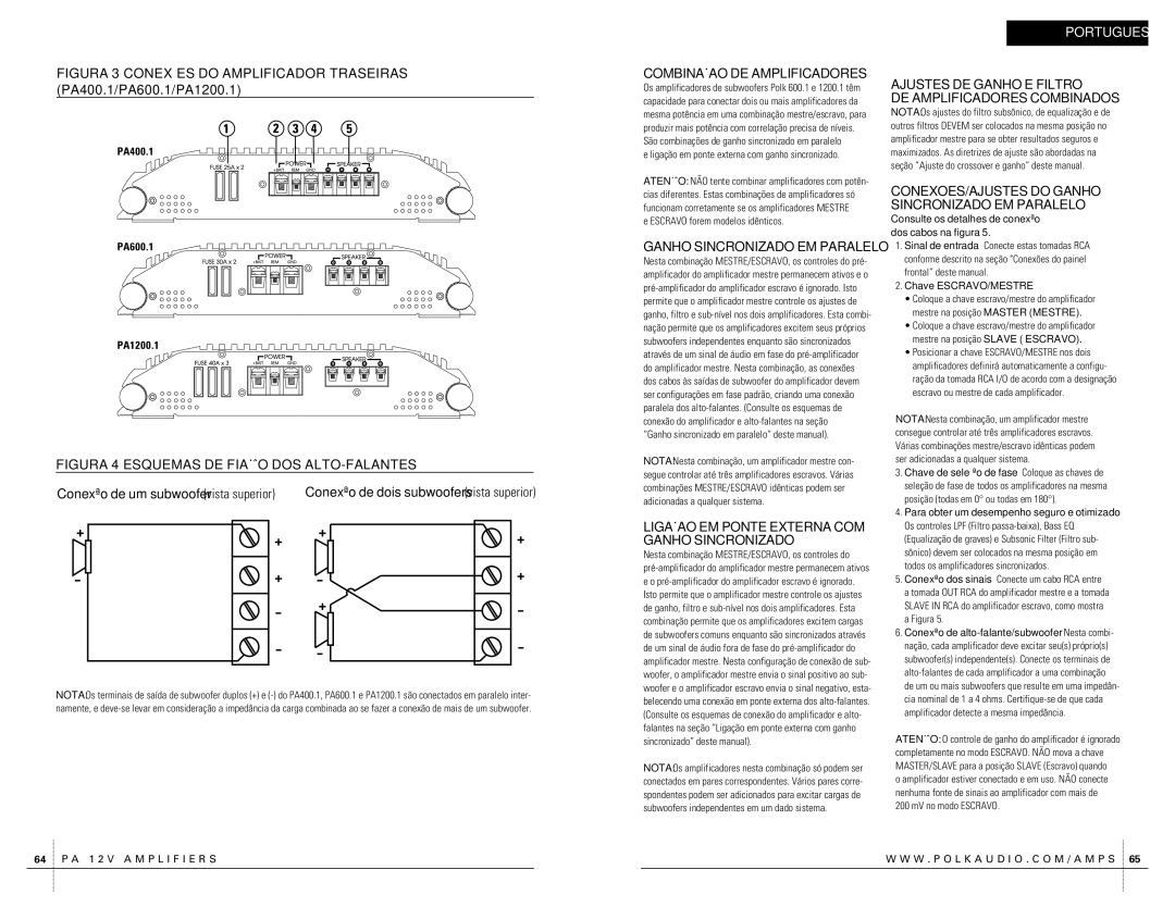 Polk Audio PA400.1 owner manual Combinaçao DE Amplificadores, Ganho Sincronizado EM Paralelo 